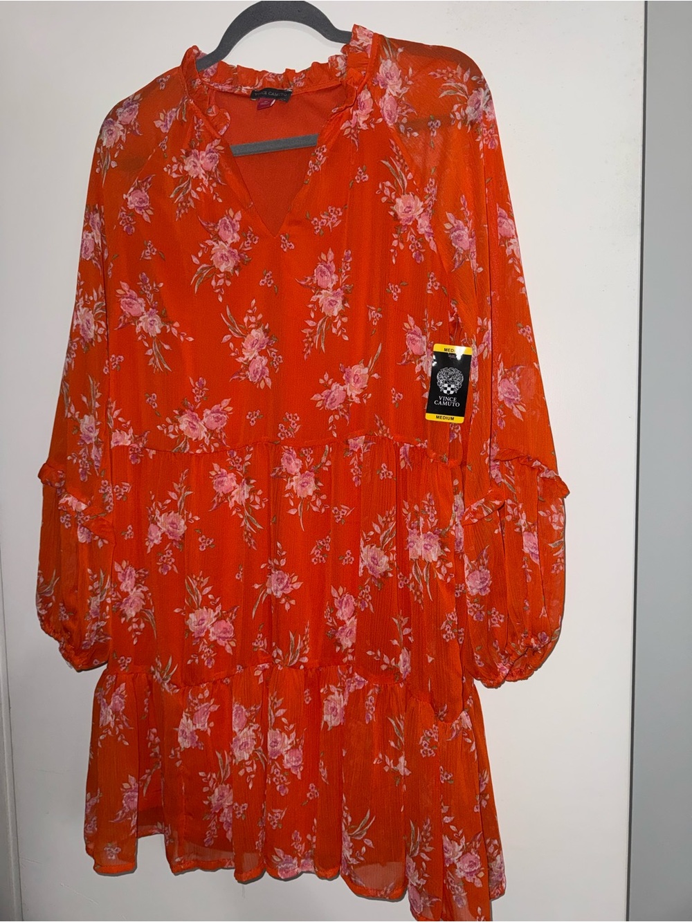 Vince Camuto Orange Floral Tiered V‑Neck Mini Dress
